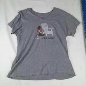Life is good women's XL Gray v neck crusher tee lab dog beach lake vacation